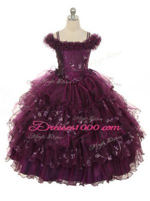 Low Price Burgundy Ball Gowns Organza Off The Shoulder Sleeveless Ruffles and Ruffled Layers Floor Length Lace Up Little Girls Pageant Gowns