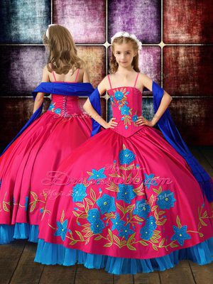 Hot Pink Sleeveless Floor Length Embroidery Lace Up Child Pageant Dress