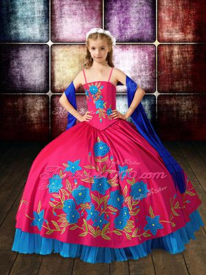 Hot Pink Sleeveless Floor Length Embroidery Lace Up Child Pageant Dress