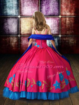 Hot Pink Sleeveless Floor Length Embroidery Lace Up Child Pageant Dress