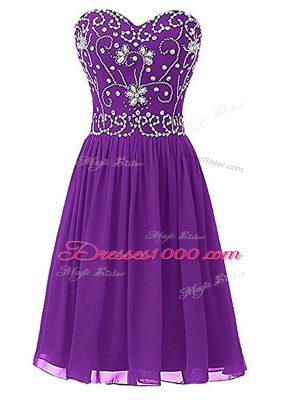 Attractive Beading Prom Dress Eggplant Purple Zipper Sleeveless Knee Length