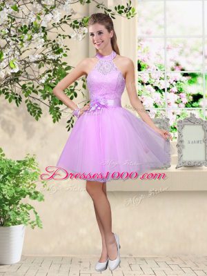 Lavender Bridesmaids Dress Prom and Party with Lace and Belt Halter Top Sleeveless Lace Up
