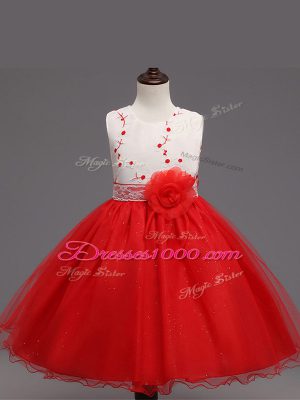 Superior Red Organza Zipper Scoop Sleeveless Knee Length Kids Pageant Dress Appliques and Hand Made Flower