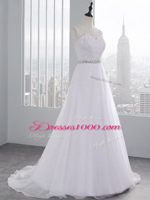 A-line Sleeveless White Wedding Gowns Brush Train Zipper