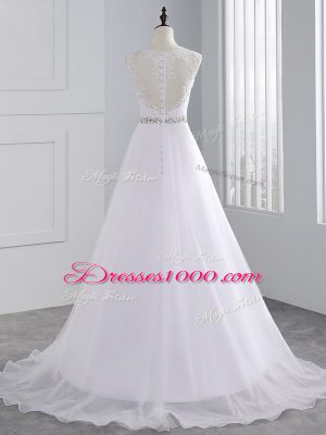 A-line Sleeveless White Wedding Gowns Brush Train Zipper