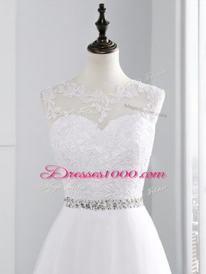 A-line Sleeveless White Wedding Gowns Brush Train Zipper