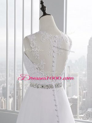 A-line Sleeveless White Wedding Gowns Brush Train Zipper