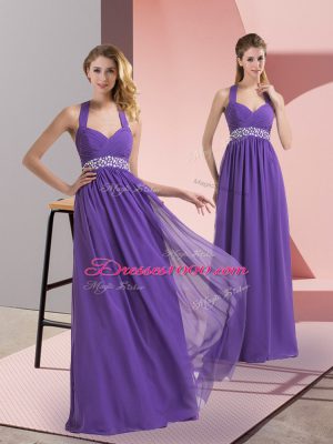 Floor Length Purple Chiffon Sleeveless Beading and Ruching