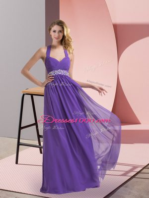 Floor Length Purple Chiffon Sleeveless Beading and Ruching