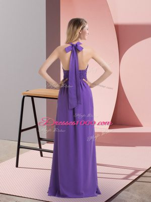 Floor Length Purple Chiffon Sleeveless Beading and Ruching