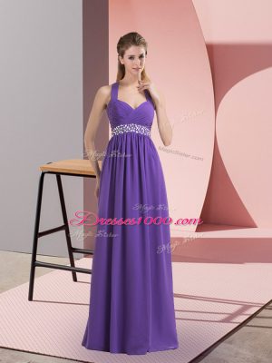 Floor Length Purple Chiffon Sleeveless Beading and Ruching