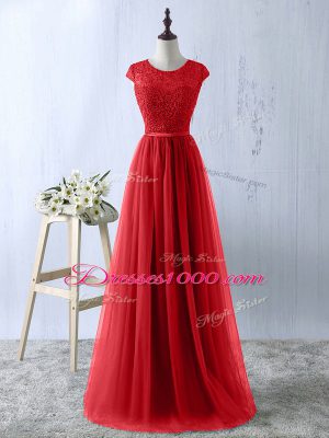 High Quality Red Scoop Neckline Lace Prom Gown Short Sleeves Zipper