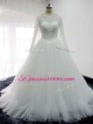 White Wedding Dresses Beach and Wedding Party with Lace and Appliques Square Long Sleeves Brush Train Backless