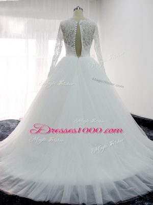 White Wedding Dresses Beach and Wedding Party with Lace and Appliques Square Long Sleeves Brush Train Backless