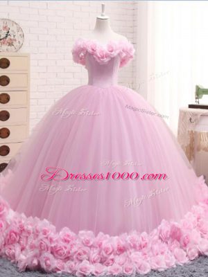 Off The Shoulder Sleeveless Tulle Quinceanera Gowns Hand Made Flower Brush Train Lace Up