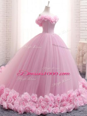 Off The Shoulder Sleeveless Tulle Quinceanera Gowns Hand Made Flower Brush Train Lace Up