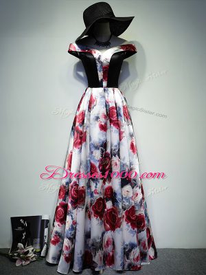 Multi-color A-line Off The Shoulder Sleeveless Printed Floor Length Lace Up Ruching Prom Dresses