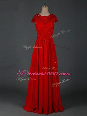 Customized Red Empire Scoop Cap Sleeves Chiffon Floor Length Zipper Beading Mother of Groom Dress