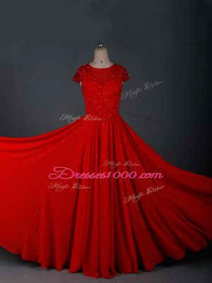 Customized Red Empire Scoop Cap Sleeves Chiffon Floor Length Zipper Beading Mother of Groom Dress