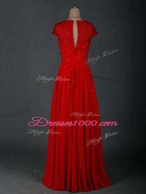 Customized Red Empire Scoop Cap Sleeves Chiffon Floor Length Zipper Beading Mother of Groom Dress