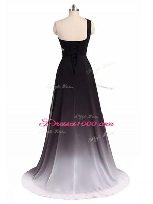 Sleeveless Brush Train Lace Up Beading and Ruching Homecoming Dress