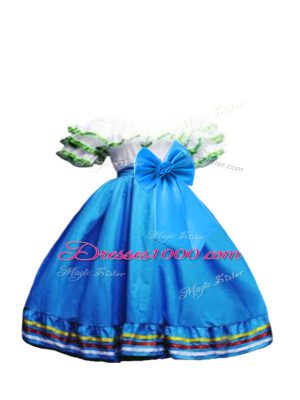 Clearance Taffeta Off The Shoulder Short Sleeves Lace Up Ruffled Layers and Bowknot Toddler Flower Girl Dress in Baby Blue
