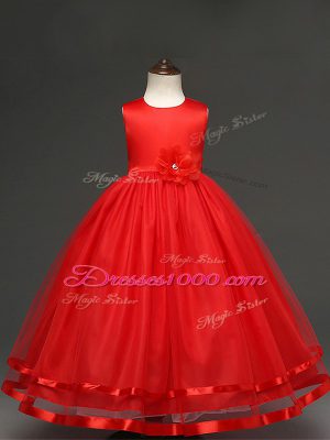 Red Tulle Zipper Girls Pageant Dresses Sleeveless Floor Length Hand Made Flower