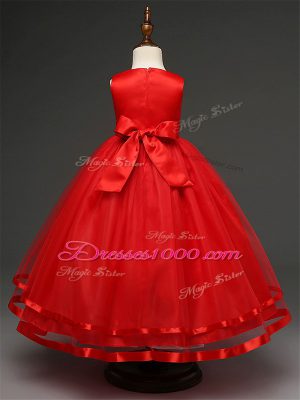 Red Tulle Zipper Girls Pageant Dresses Sleeveless Floor Length Hand Made Flower