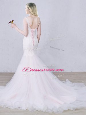 White Tulle Lace Up Scoop Sleeveless Wedding Gowns Brush Train Lace