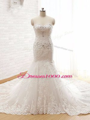 White Bridal Gown Beach and Wedding Party with Beading and Lace and Appliques Sweetheart Sleeveless Court Train Lace Up