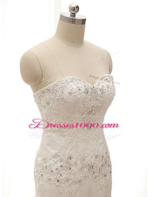 White Bridal Gown Beach and Wedding Party with Beading and Lace and Appliques Sweetheart Sleeveless Court Train Lace Up