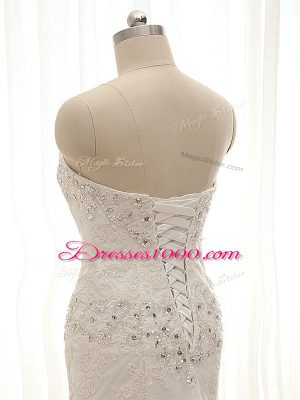 White Bridal Gown Beach and Wedding Party with Beading and Lace and Appliques Sweetheart Sleeveless Court Train Lace Up