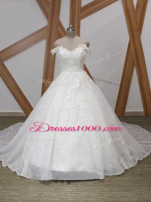 White Ball Gowns Organza Off The Shoulder Sleeveless Appliques Zipper Wedding Gown Court Train