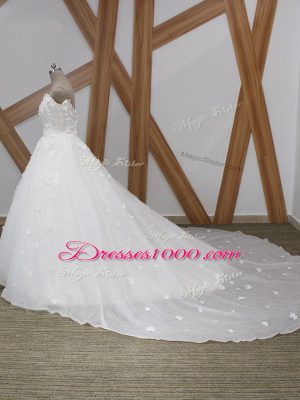 White Ball Gowns Organza Off The Shoulder Sleeveless Appliques Zipper Wedding Gown Court Train