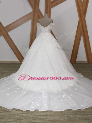 White Ball Gowns Organza Off The Shoulder Sleeveless Appliques Zipper Wedding Gown Court Train