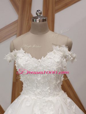 White Ball Gowns Organza Off The Shoulder Sleeveless Appliques Zipper Wedding Gown Court Train