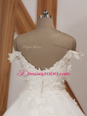 White Ball Gowns Organza Off The Shoulder Sleeveless Appliques Zipper Wedding Gown Court Train