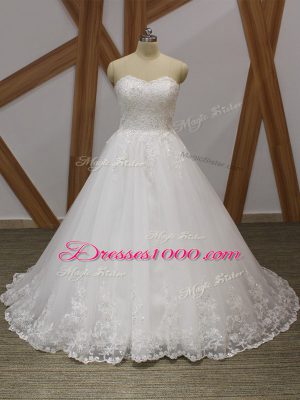 Glittering Sweetheart Sleeveless Brush Train Lace Up Wedding Gowns White Organza