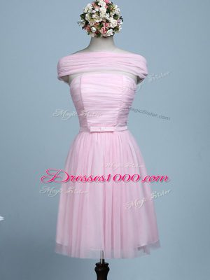 Exceptional Mini Length Baby Pink Bridesmaid Dresses Tulle Sleeveless Belt