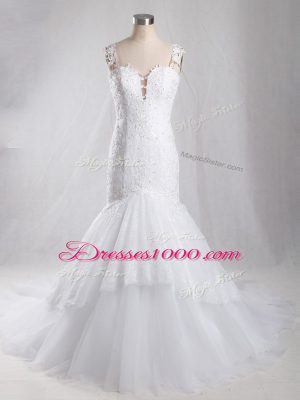 White Straps Clasp Handle Lace Wedding Gowns Brush Train Sleeveless