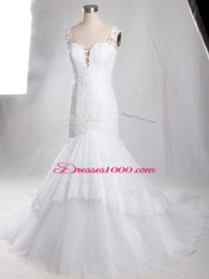 White Straps Clasp Handle Lace Wedding Gowns Brush Train Sleeveless