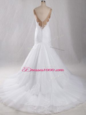 White Straps Clasp Handle Lace Wedding Gowns Brush Train Sleeveless