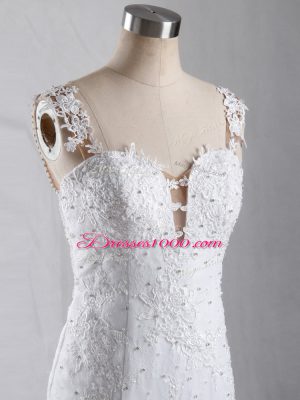 White Straps Clasp Handle Lace Wedding Gowns Brush Train Sleeveless
