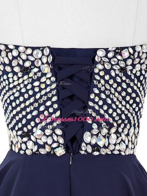 Fine Navy Blue Sleeveless Mini Length Beading Lace Up Club Wear