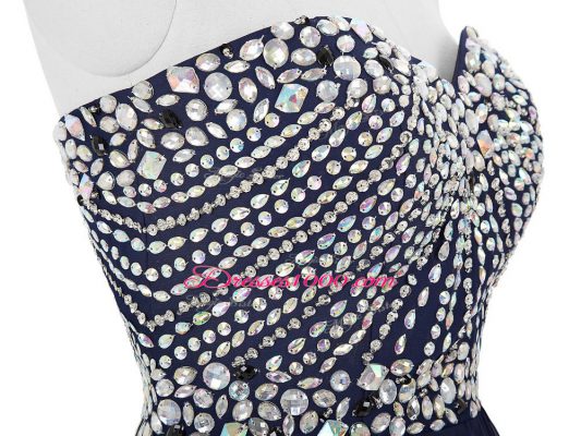 Fine Navy Blue Sleeveless Mini Length Beading Lace Up Club Wear