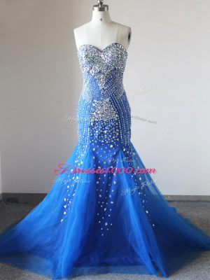 Royal Blue Evening Gowns Prom and Party and Military Ball with Beading Sweetheart Sleeveless Brush Train Zipper