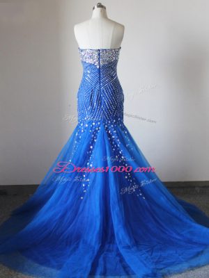 Royal Blue Evening Gowns Prom and Party and Military Ball with Beading Sweetheart Sleeveless Brush Train Zipper