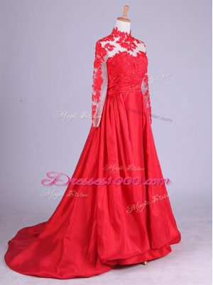 Pretty Lace and Appliques Mother of the Bride Dress Red Zipper Long Sleeves Brush Train