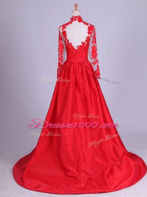 Pretty Lace and Appliques Mother of the Bride Dress Red Zipper Long Sleeves Brush Train