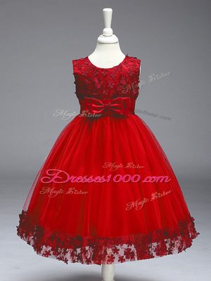 Red Tulle Zipper Scoop Sleeveless Tea Length Little Girl Pageant Gowns Appliques and Bowknot
